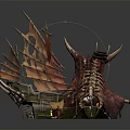 Fantasy Water Transport Ship with Skeleton Horns and Tattered Sails Design
