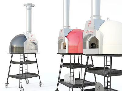 Commercial Pizza Ovens In Silver Red White With Mobile Metal Racks And Multiple Shelves 3d model