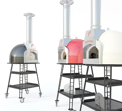 Commercial Pizza Ovens In Silver Red White With Mobile Metal Racks And Multiple Shelves 3d model