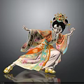 Ancient Chinese Dancer Figure in Colorful Embroidered Robe with Ornate Golden Headdress and Dynamic Pose