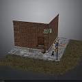 Scene Components of Red Brick Bar Building With Wooden Door Green Sign Barrel Street Lamp