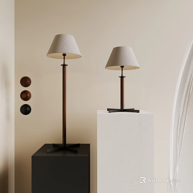 Modern Floor Lamp Set With Beige Linen Shades Dark Wooden Poles And Round Decorative Balls 3d model 