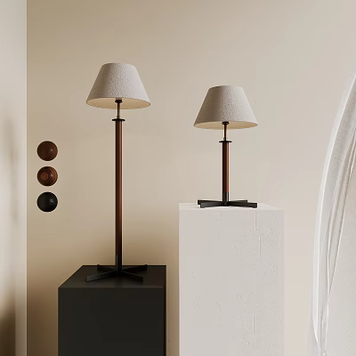 Modern Floor Lamp Set With Beige Linen Shades Dark Wooden Poles And Round Decorative Balls 3d model