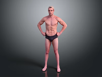 Muscular Shirtless Man Standing With Hands On Hips In Black Swim Trunks Against Gray Background 3d model