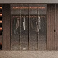 Modern Wooden Wardrobe Design With Glass Doors Hanging Clothes And Interior Lighting