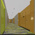 Modern Hotel Corridor With Wooden Slat Ceiling Colorful Carpet Wooden Walls And Red Sculpture