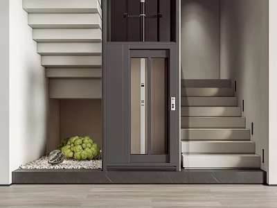 Modern Staircase Interior With Gray Steps Elevator And Green Plants On Pebbles 3d model