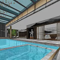 Modern Swimming Pool Interior With Loungers Green Plant Wall And Stairs