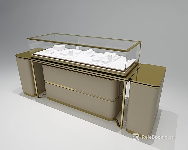 Modern Jewelry Store With Glass Top Golden Frame Beige Cabinet Display Counter 3d model 