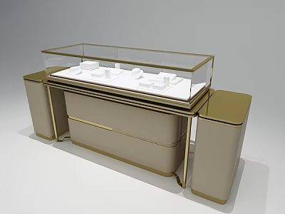 Modern Jewelry Store With Glass Top Golden Frame Beige Cabinet Display Counter 3d model