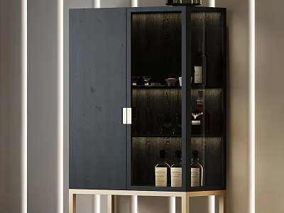 Modern Black Wine Cabinet With Glass Door Metal Base And Illuminated Interior Wine Bottles 3d model