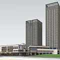 Modern Commercial Complex Featuring Twin Towers Green Landscaping Water Features And Plaza