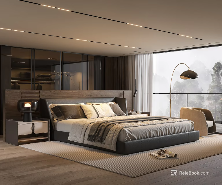 Modern Bedroom Interior With Large Bed Nightstand Floor Lamp Wooden Flooring And Scenic Window View 3d model 