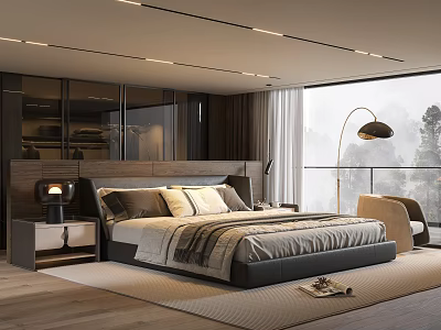 Modern Bedroom Interior With Large Bed Nightstand Floor Lamp Wooden Flooring And Scenic Window View 3d model