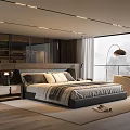 Modern Bedroom Interior With Large Bed Nightstand Floor Lamp Wooden Flooring And Scenic Window View