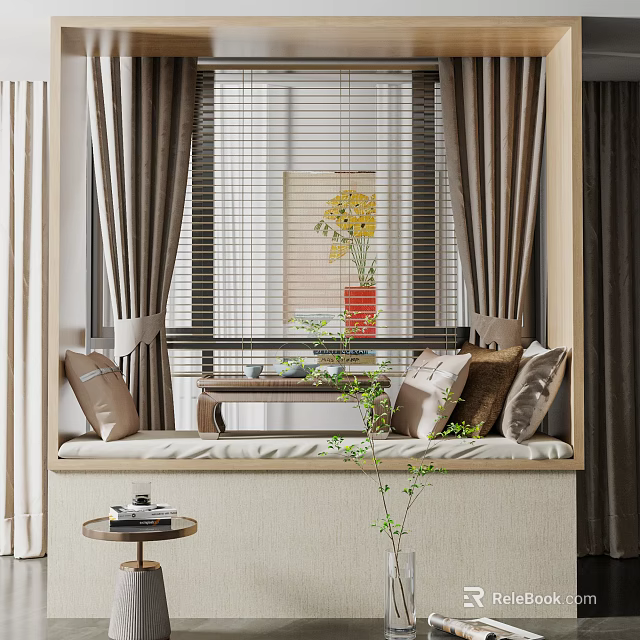 Cozy Bay Window Nook With Plush Cushions Curtains And Green Potted Plant 3d model 