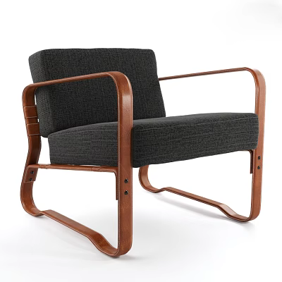 Modern Single Sofa With Wooden Armrests And Dark Fabric Upholstery 3d model