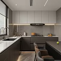 Modern Open Kitchen Interior Design With Island Counter Cabinets And Dining Chairs 3d model