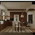 Modern Kitchen Interior With Wooden Cabinets Island Counter And Dining Chairs