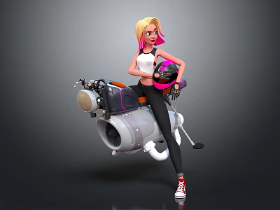 Blonde Pink Haired Female Game Movie Character Riding Mechanical Jetpack Holding Pink Helmet 3d model