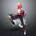 Blonde Pink Haired Female Game Movie Character Riding Mechanical Jetpack Holding Pink Helmet