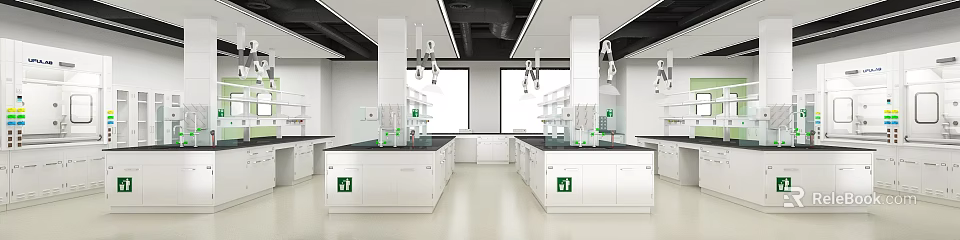 Modern Laboratory Interior With White Lab Benches Cabinets Large Windows And Hanging Lights 3d model 