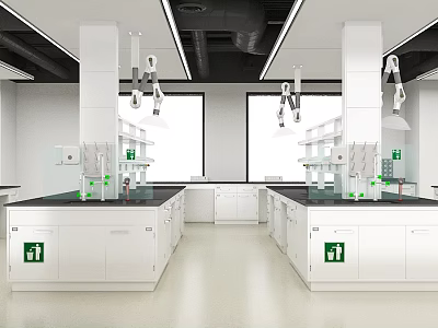 Modern Laboratory Interior With White Lab Benches Cabinets Large Windows And Hanging Lights 3d model