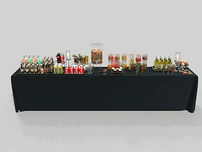 Restaurant Beverage And Food Display Table With Assorted Drinks Snacks And Glassware 3d model