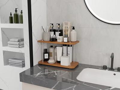 Modern Bathroom Cabinet Rack With Wooden Shelf Toiletries Sink And Round Mirror 3d model