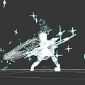 Game Movie Character in Dynamic Combat Stance with Large Rifle and Red Star Shapes