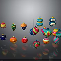 Colorful Decorative Balls With Various Colors Diverse Patterns Hanging And Placed On Dark Surface