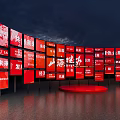 Commercial Display Equipment With Multiple Red Brand Signage And Advertising Screens