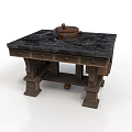 Rustic Wooden Dining Table With Black Tabletop And Pot On Surface
