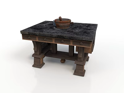 Rustic Wooden Dining Table With Black Tabletop And Pot On Surface 3d model