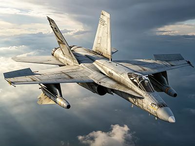 Military Fighter Jet Flying In Cloudy Sky With Missiles Under Wings 3d model