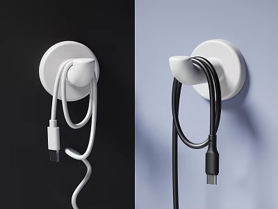 Wall Mounted Cable Organizer Hook With White And Black Charging Cables 3d model