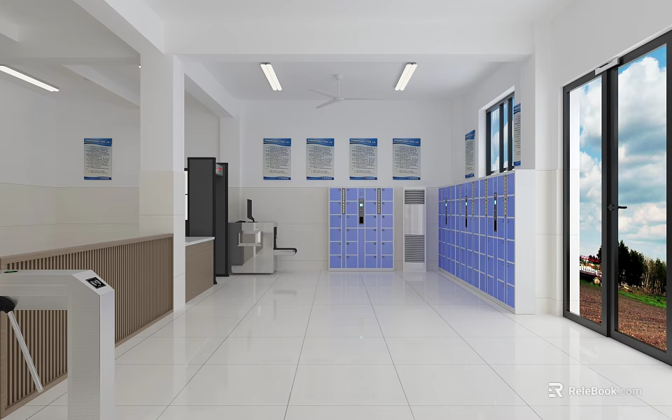 Reception Desk in Spacious Bright Hall with White Walls Blue Bulletin Boards Lockers and Windows 3d model 