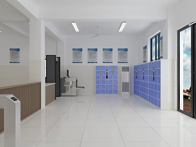 Reception Desk in Spacious Bright Hall with White Walls Blue Bulletin Boards Lockers and Windows 3d model