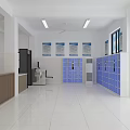 Reception Desk in Spacious Bright Hall with White Walls Blue Bulletin Boards Lockers and Windows