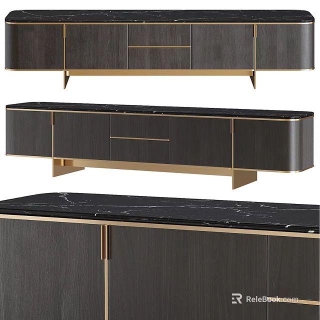 Modern TV Stand With Black Marble Top And Gold Accent Wood Cabinet 3d model 