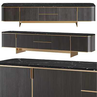 Modern TV Stand With Black Marble Top And Gold Accent Wood Cabinet 3d model