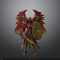 Red Winged Fantasy Warrior 3D Model With Golden Armor Shield And Sword