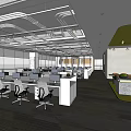 Modern Public Office Space with Open Layout Workstations Grid Ceiling and City View Windows
