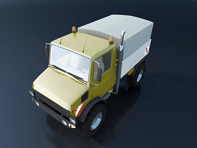 Yellow Truck 3D Model with White Cargo Bed and Yellow Warning Lights on Roof 3d model