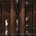 Amusement Park Mirror Maze Featuring Wooden Signs And People Exploring Fun Activity