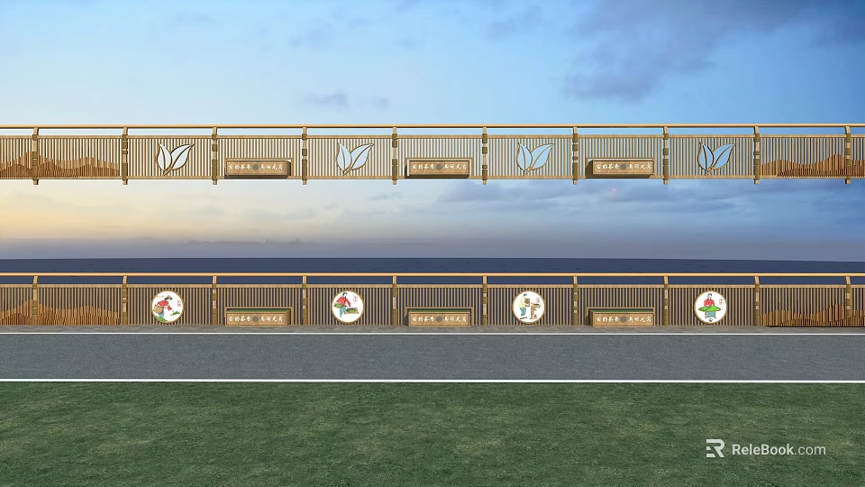 Stone And Wood Railing Design With Leaf Patterns Overlooking Green Lawn And Sky 3d model