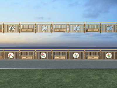 Stone And Wood Railing Design With Leaf Patterns Overlooking Green Lawn And Sky 3d model