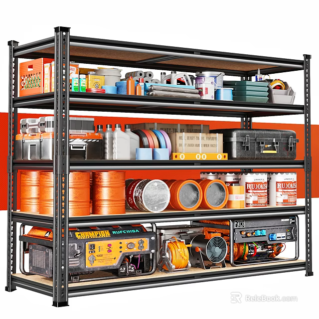 Organized Garage Storage With Shelving Unit Tools Cans And Equipment 3d model 