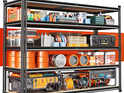 Organized Garage Storage With Shelving Unit Tools Cans And Equipment 3d model