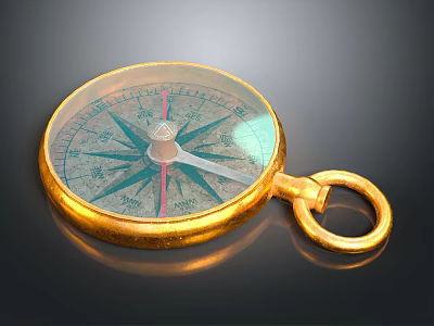 Vintage Compass With Golden Case Detailed Dial Red Needle And Metal Ring 3d model